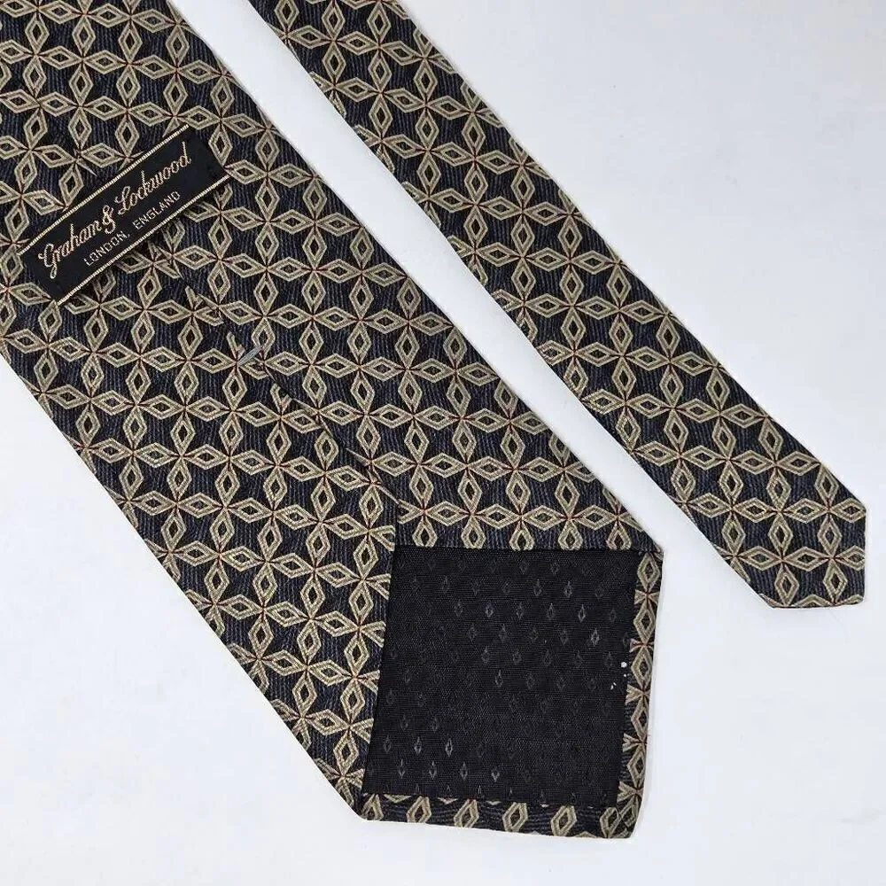 GRAHAM & LOCKWOOD LONDON ENGLAND SILK TIE TAN BLACK GEOMETRIC SATIN 4